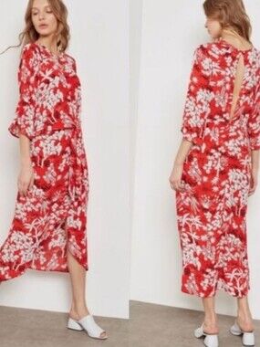 Topshop Kimono Inspired Red and White Floral Midi Dress Size 4